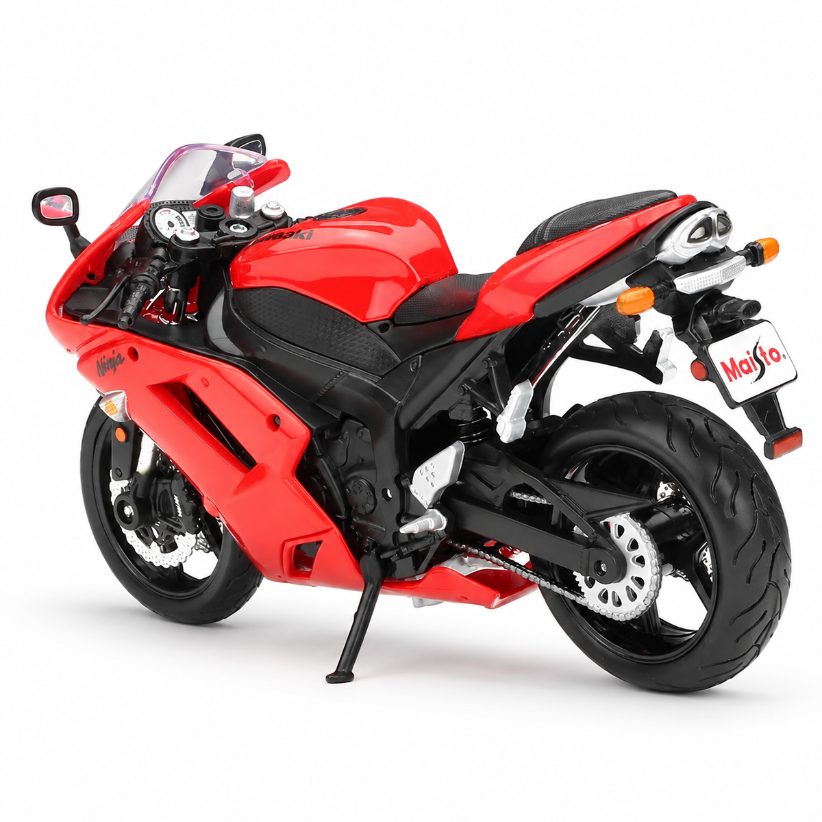 Maisto Kawasaki Ninja Red ZX-6R – rear three-quarter view, exhaust, seat and rear wheel details