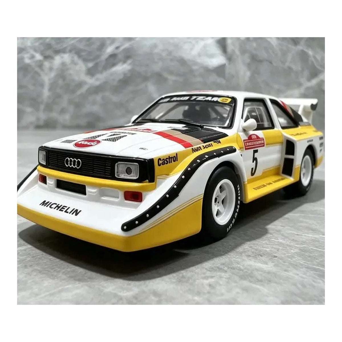1:24 Audi Sport Quattro S1 E2 diecast model - rally livery view