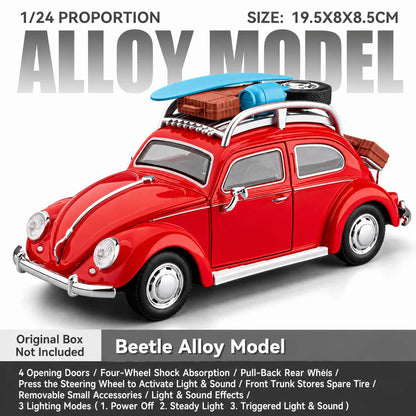 Volkswagen Beetle Road Trip Edition 1:24 diecast model in red, front three-quarter view with roof luggage and surfboard