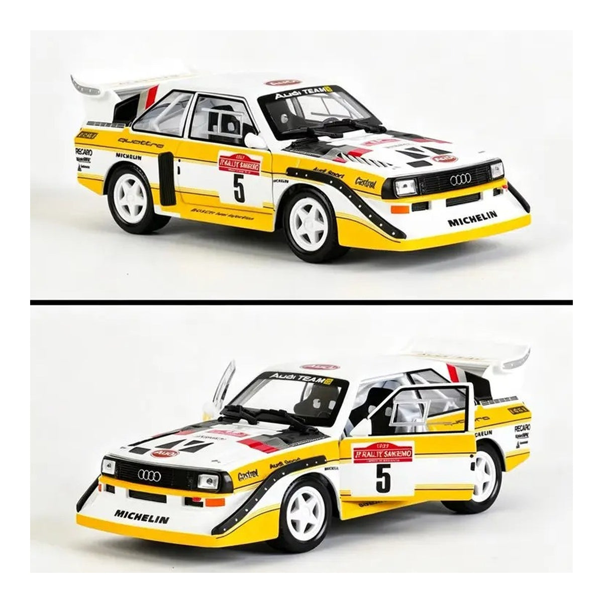 1:24 Audi Sport Quattro S1 E2 diecast model - front and opening view
