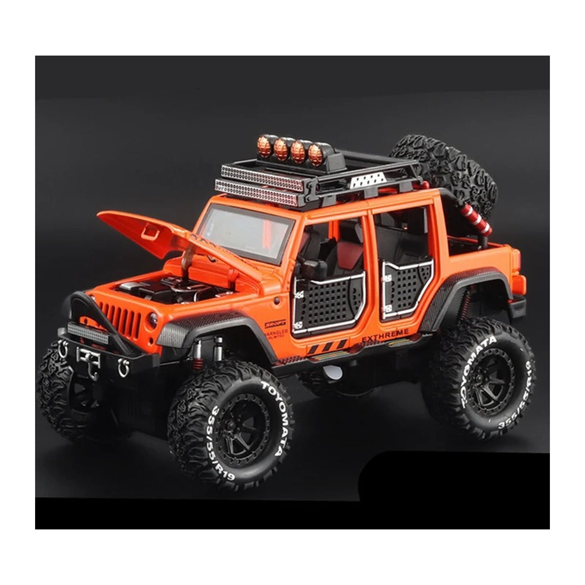 1:24 Jeep Wrangler Rubicon Off-Road diecast model - orange view
