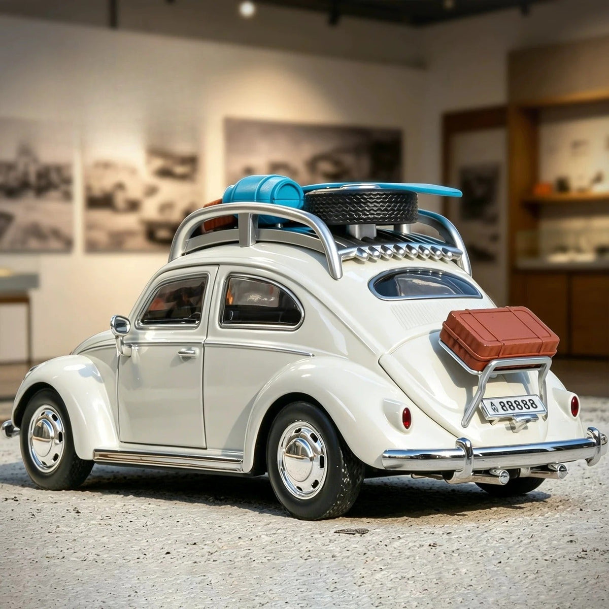 Volkswagen Beetle Road Trip Edition in ivory, rear three-quarter view showing roof rack and rear luggage