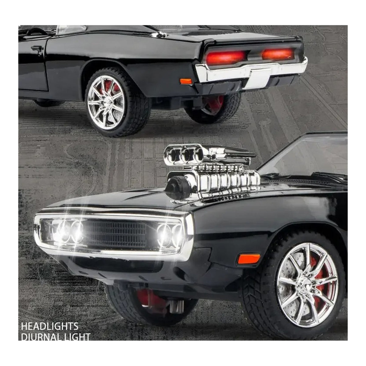 1:24 1970 Dodge Charger diecast model - lights view