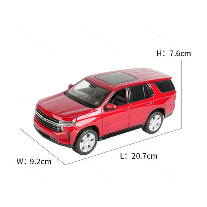 1:26 2021 Chevrolet Tahoe diecast model - red dimensions view