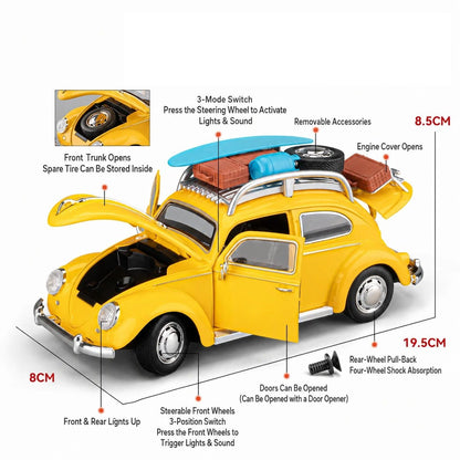 Volkswagen Beetle Road Trip Edition approximate supplier-listed dimensions 19.5 by 8 by 8.5 centimeters, with doors and front and rear covers open