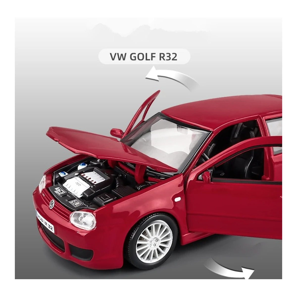 1:24 Volkswagen Golf R32 diecast model - red opening view