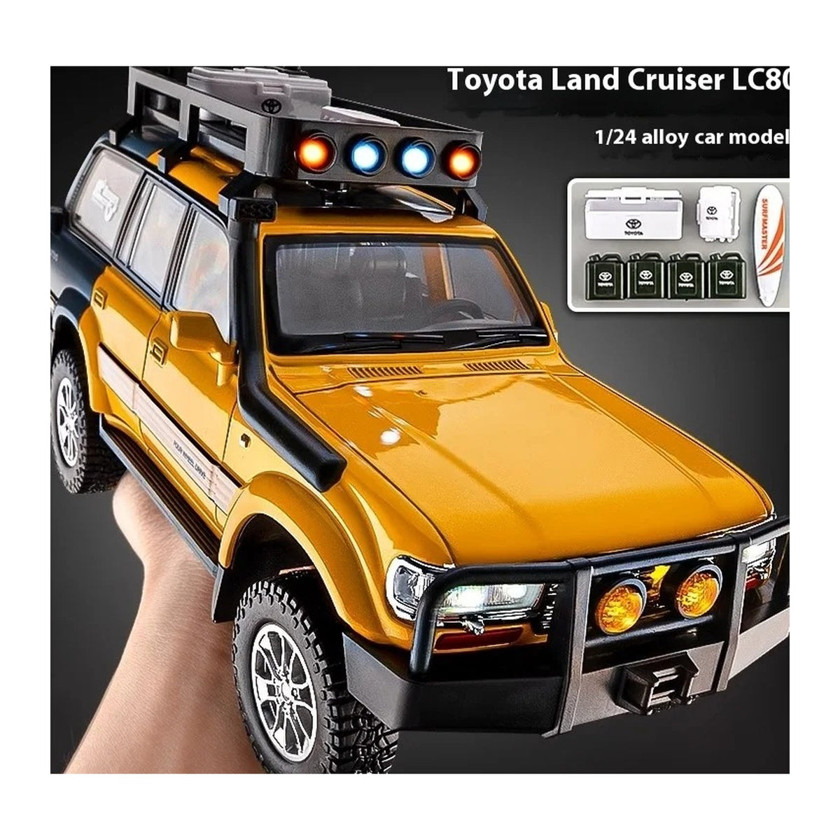 1:24 Toyota Land Cruiser LC80 diecast model - yellow outdoor view