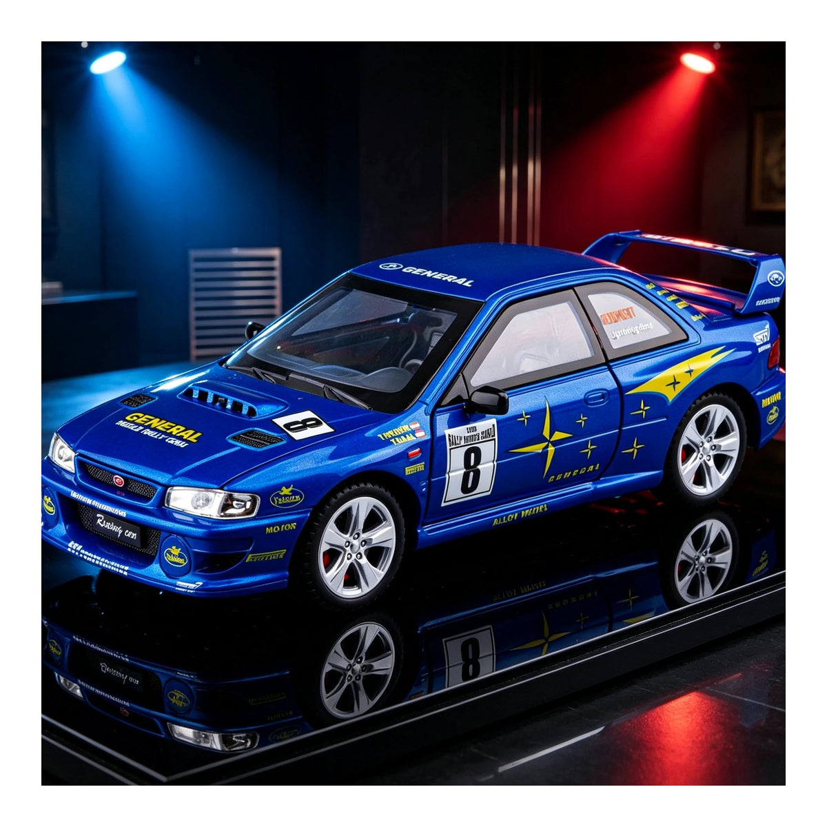 1:24 Subaru Impreza WRX STI (GC8) Rally diecast model - blue lifestyle view