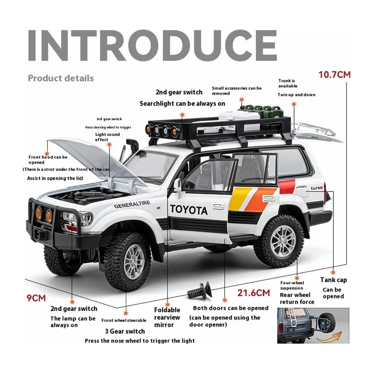 1:24 Toyota Land Cruiser LC80 diecast model - dimensions view