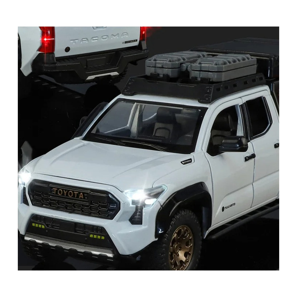 1:24 Toyota Tacoma Trailhunter diecast model - lights white view