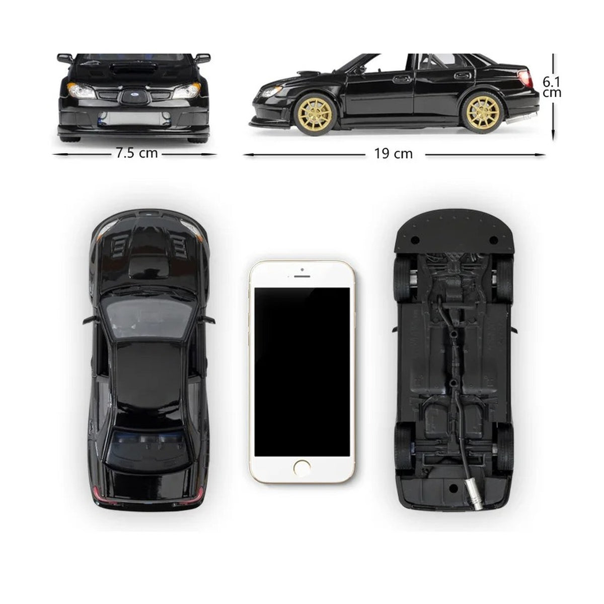 1:24 Subaru Impreza WRX STI diecast model - dimensions view
