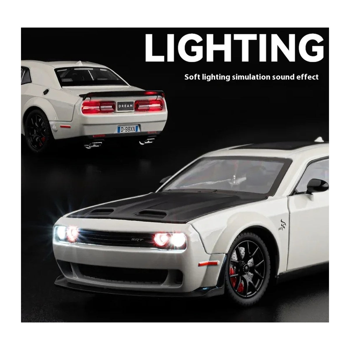1:24 Dodge Challenger SRT Hellcat diecast model - lights view