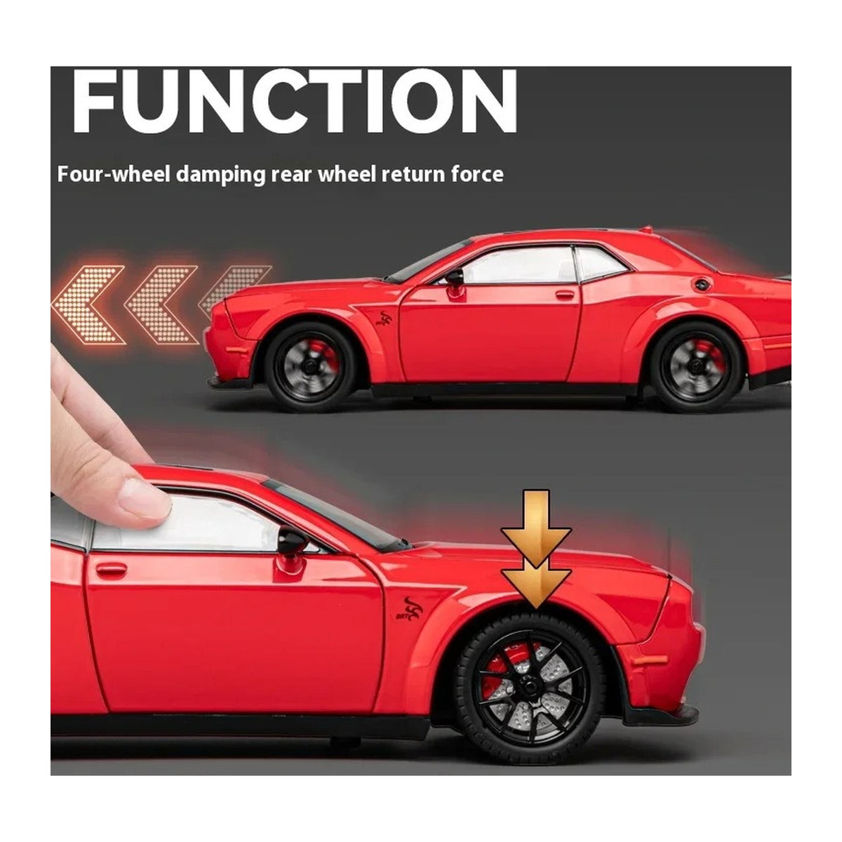 1:24 Dodge Challenger SRT Hellcat diecast model - pull back view