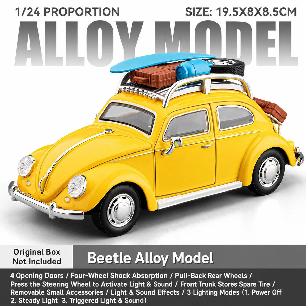 Volkswagen Beetle Road Trip Edition 1:24 diecast model in yellow, front three-quarter view with roof luggage and surfboard