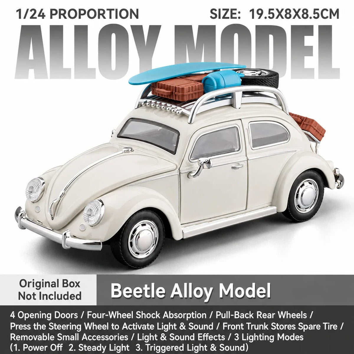 Volkswagen Beetle Road Trip Edition 1:24 diecast model in ivory, front three-quarter view with roof luggage and surfboard