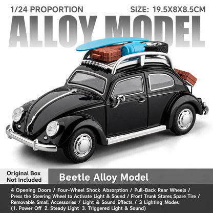 Volkswagen Beetle Road Trip Edition 1:24 diecast model in black, front three-quarter view with roof luggage and surfboard