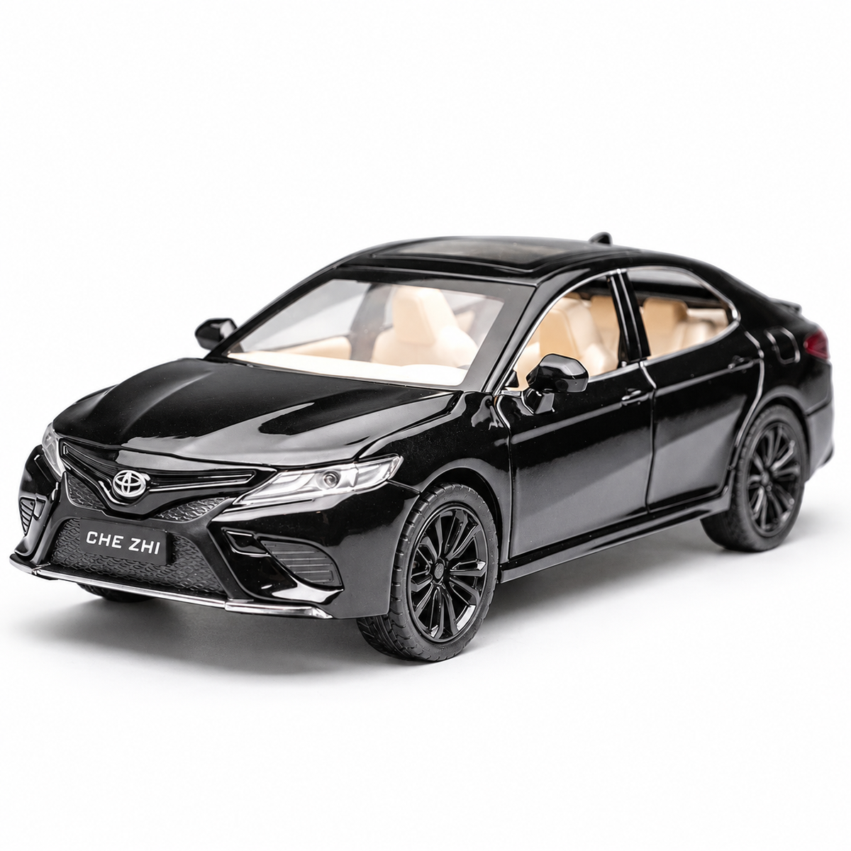 1:24 Toyota Camry diecast model - black complete front three-quarter view