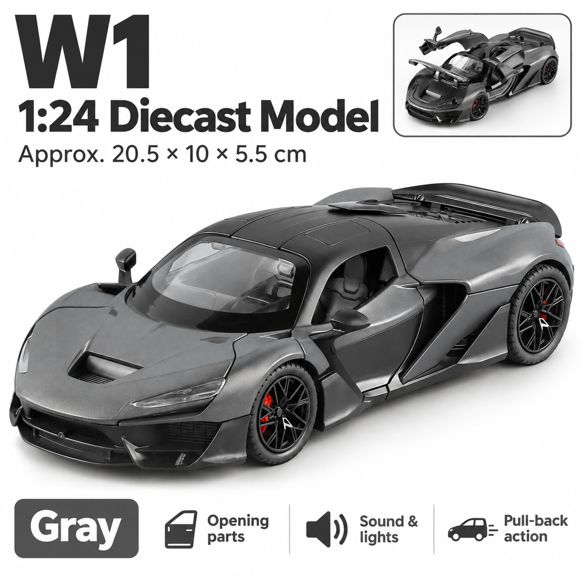 1:24 McLaren W1 Diecast Model - Gray