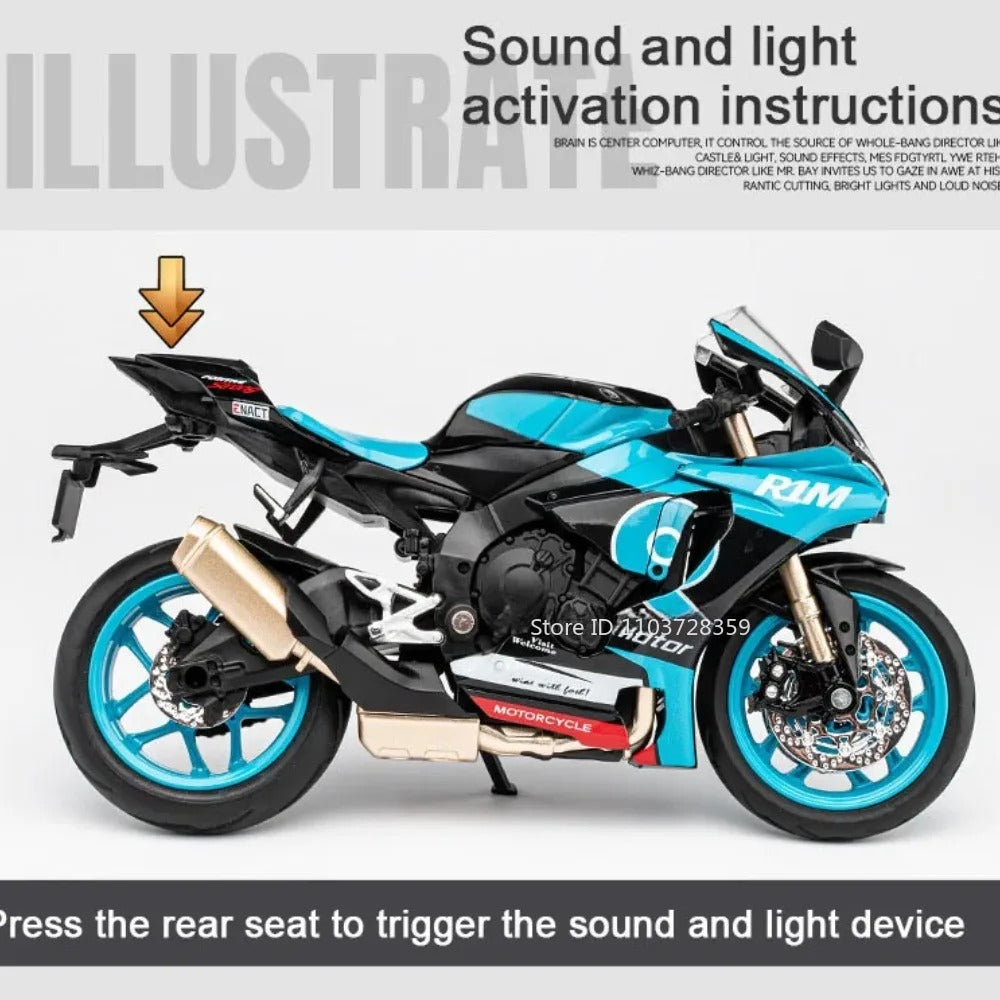 1:12 Yamaha R1M Alloy Diecast Motorcycle Model - Light, Sound, Shock Absorption