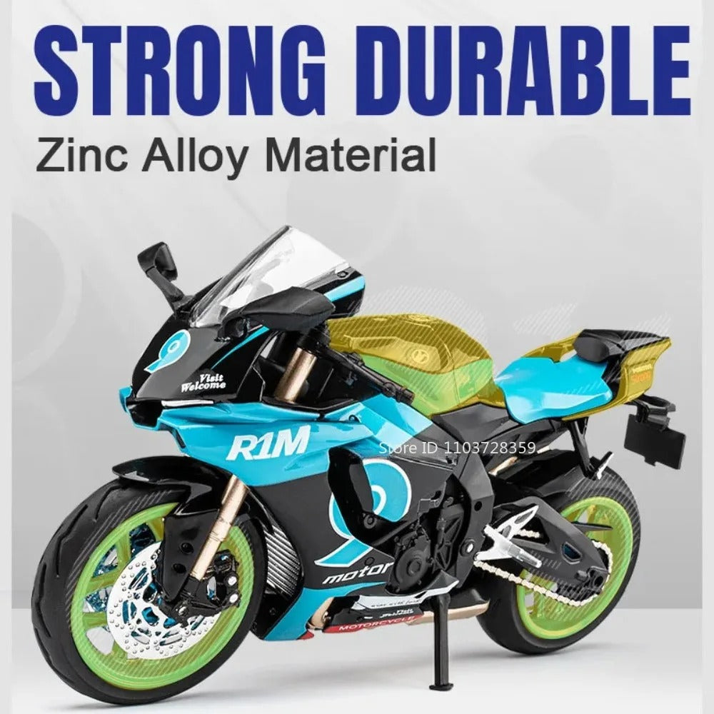 1:12 Yamaha R1M Alloy Diecast Motorcycle Model - Light, Sound, Shock Absorption