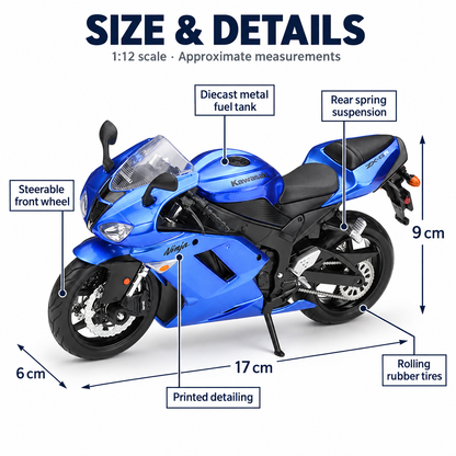 Maisto Kawasaki Ninja ZX-6R 1:12 scale – approximate 17 x 6 x 9 cm dimensions and model features