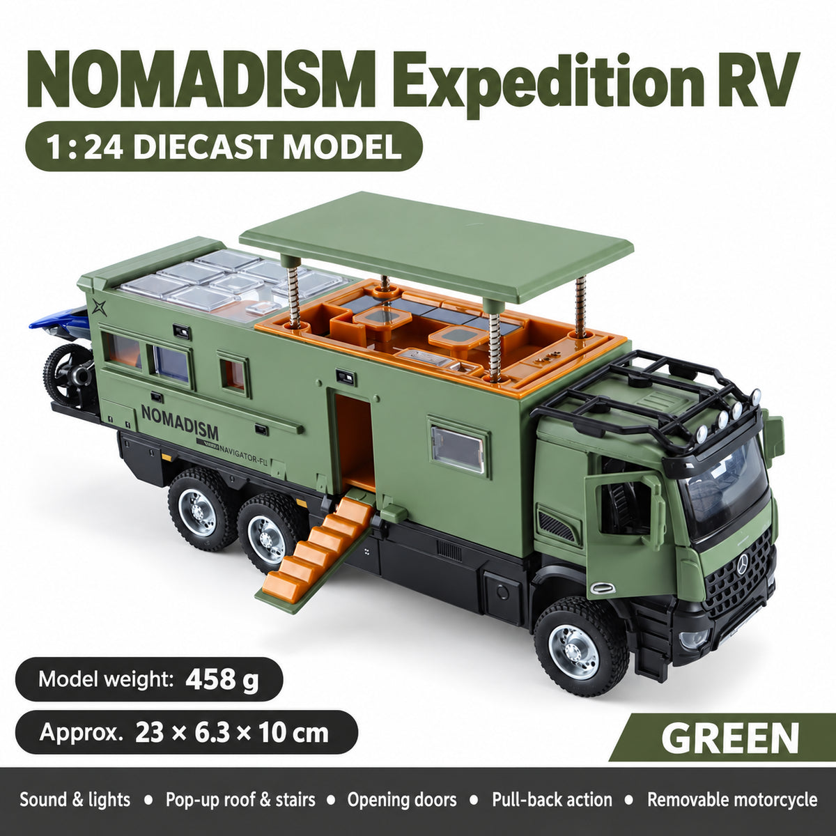 Green 1:24 NOMADISM expedition RV model with raised roof and folding steps