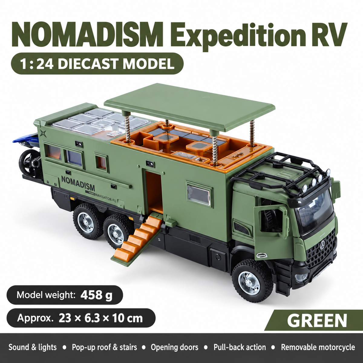 Green 1:24 NOMADISM expedition RV model with raised roof and folding steps