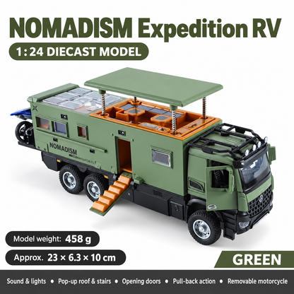 Green 1:24 NOMADISM expedition RV model with raised roof and folding steps