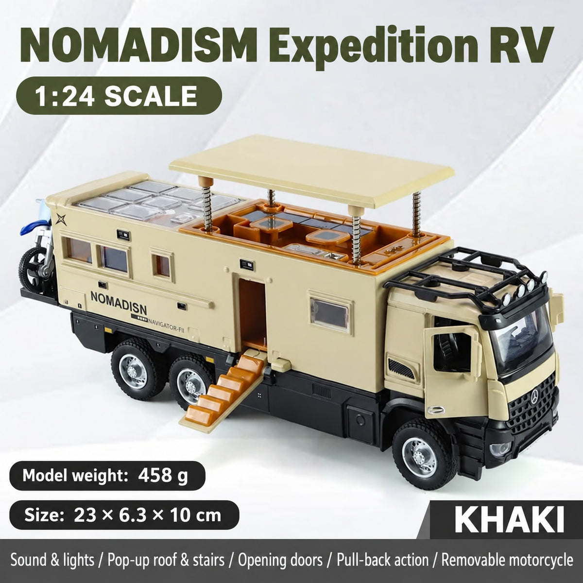 Khaki 1:24 NOMADISM expedition RV model with raised roof and folding steps