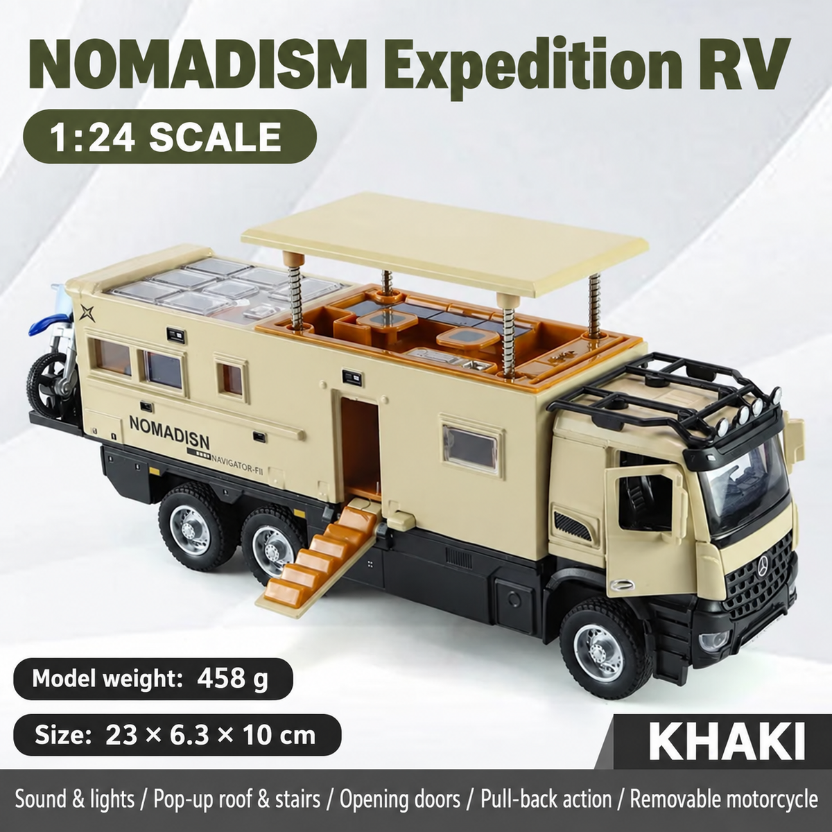 Khaki 1:24 NOMADISM expedition RV model with raised roof and folding steps