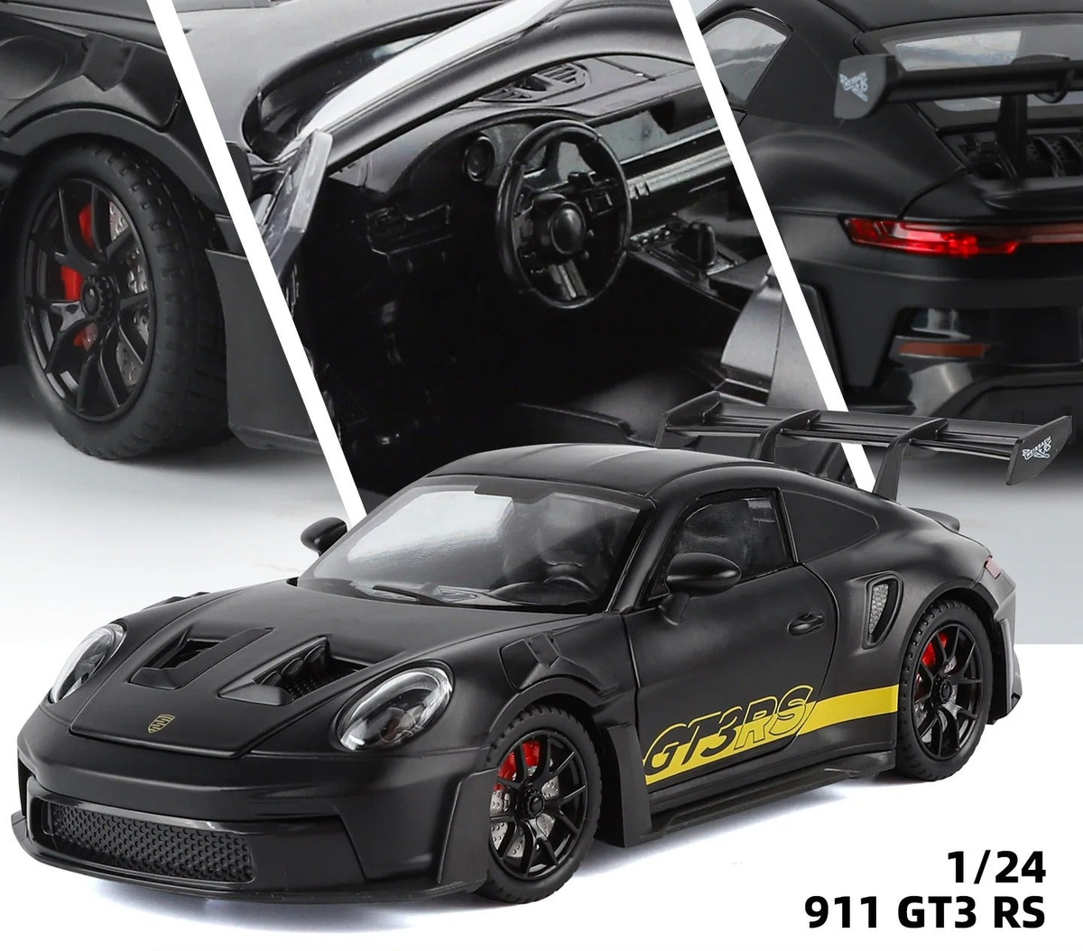 Porsche 911 GT3 RS diecast model, black exterior and detail views