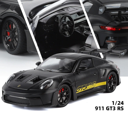Porsche 911 GT3 RS diecast model, black exterior and detail views