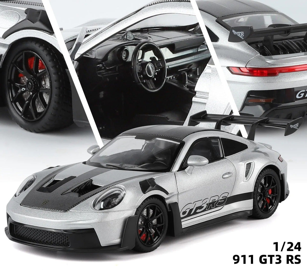 Porsche 911 GT3 RS diecast model, silver exterior and detail views