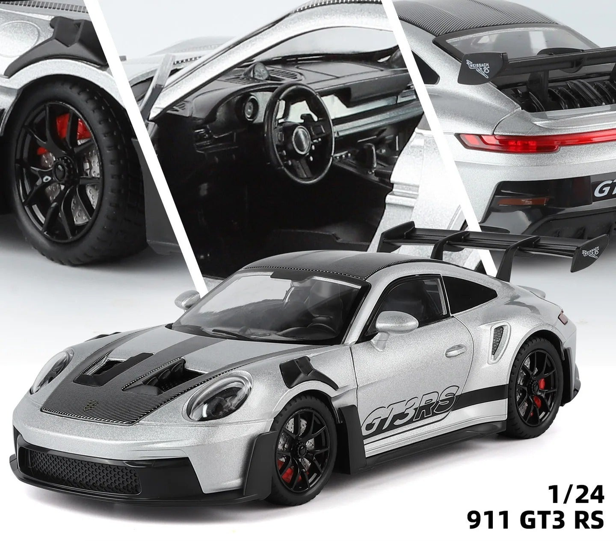 Porsche 911 GT3 RS diecast model, silver exterior and detail views