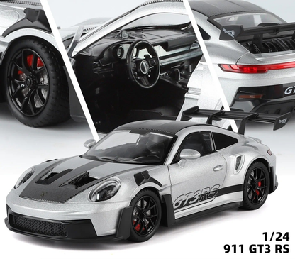 Porsche 911 GT3 RS diecast model, silver exterior and detail views