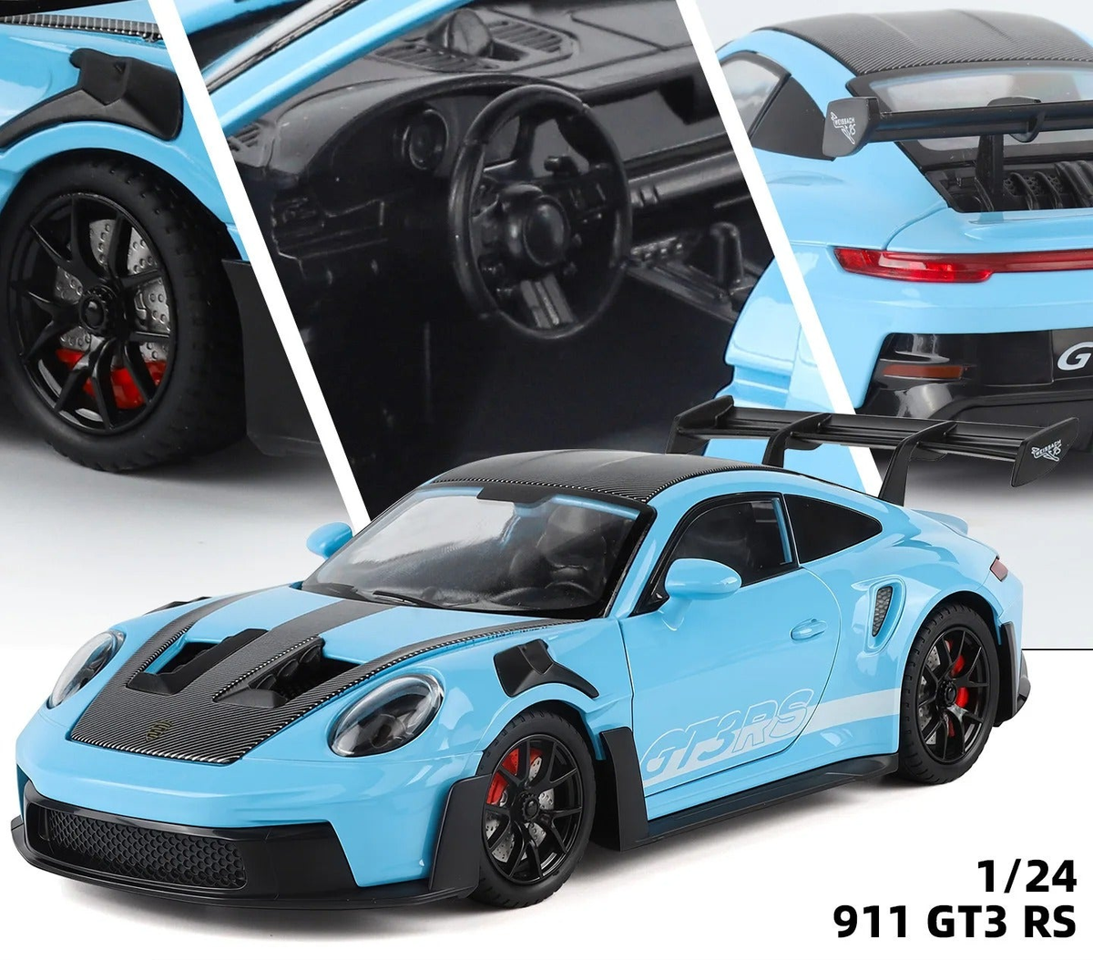 Porsche 911 GT3 RS diecast model, blue exterior and detail views