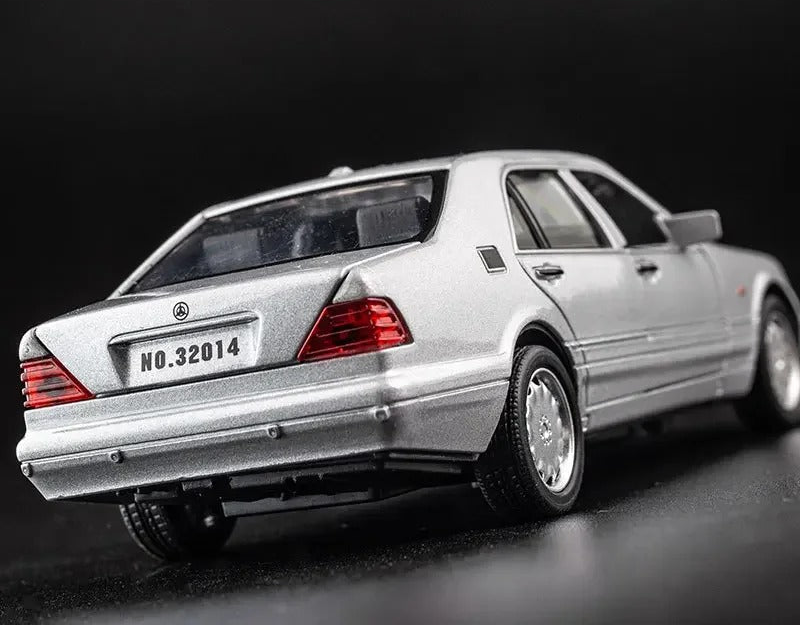 Mercedes-Benz W140 silver diecast model, rear detail view